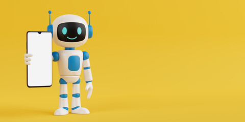 Technology And Communication Concept. Cute Friendly AI Robot Mascot Holding Blank Smartphone With...