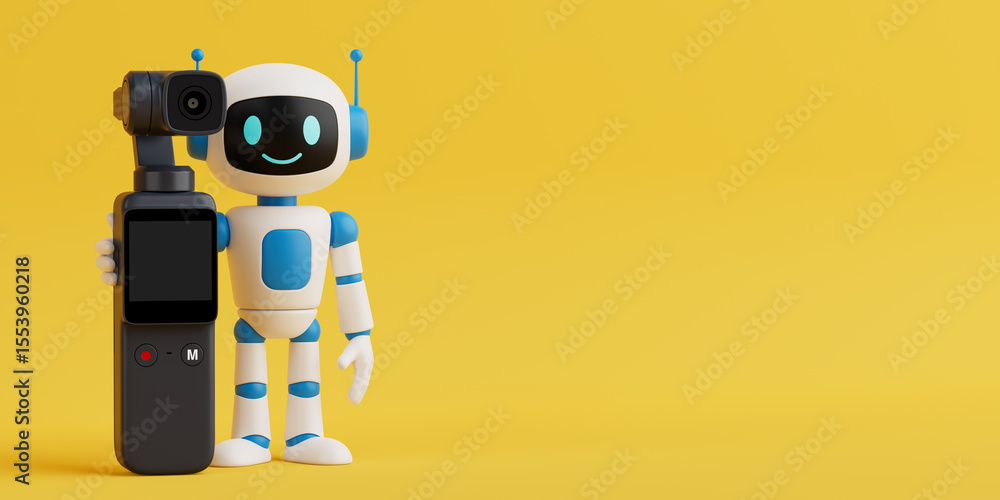 Poster Content Creation And AI Concept. Smiling AI Robot Holding Action Camera. 3d Rendering