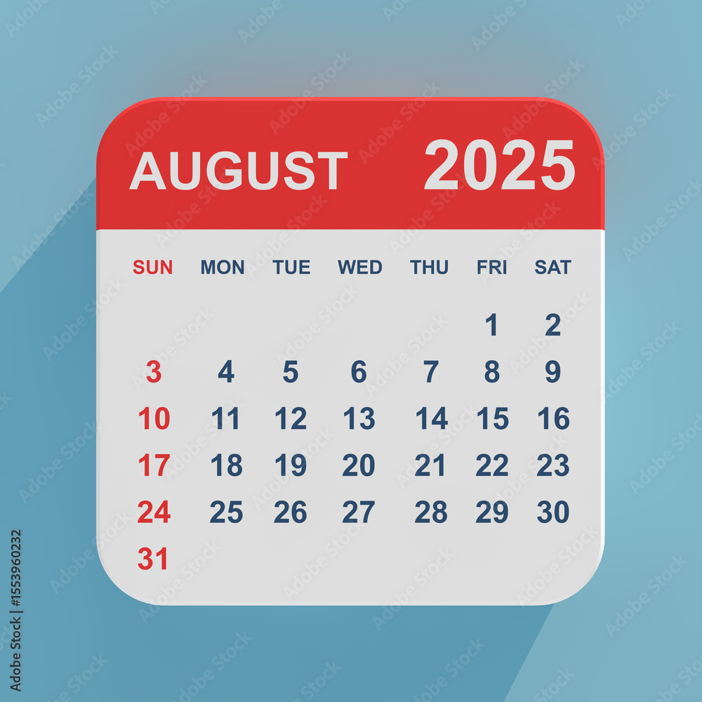 Aufkleber flat icon calendar august 2025. 3d rendering