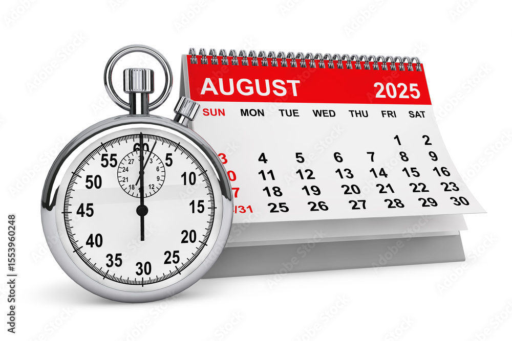 Poster 2025 year august calendar with stopwatch. 3d rendering
