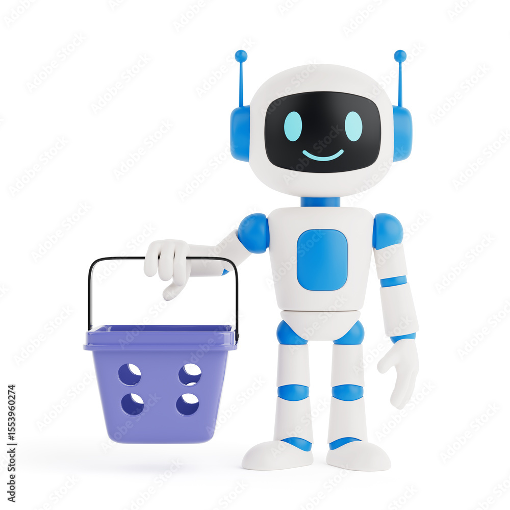 Poster ai and retail technology concept. friendly ai robot holding a purple shopping basket. 3d rendering