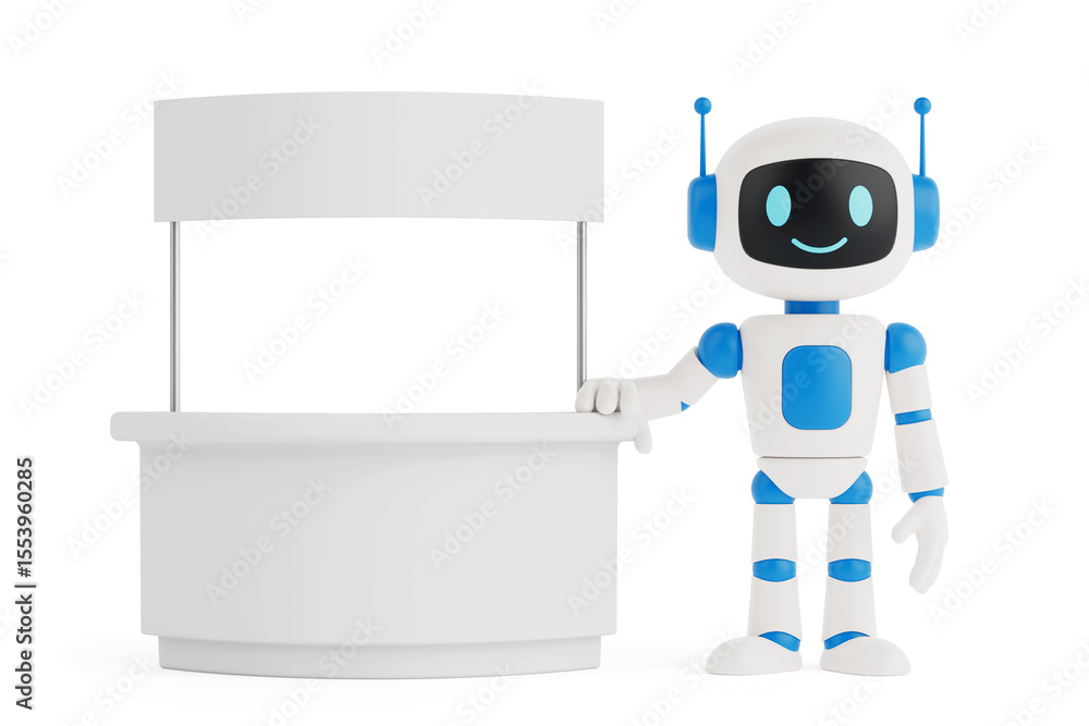 Poster AI Marketing And Promotion Concept. Friendly AI Robot Standing Next To Blank Promotional Booth. 3d Rendering