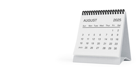 White Desk Monthly August 2025 Business Calendar. 3d Rendering