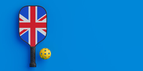 British Sports Spirit Concept. Pickleball Paddle With Great Britain Flag And Ball. 3d Rendering