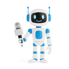 Digital Communication Concept. Friendly AI Robot Holding A Microphone Ready For Interview Or...