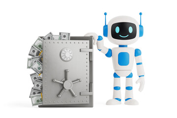 Financial Security Concept. Smiling AI Robot Standing Next To Open Vault Filled With Dollar Bills....