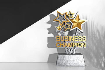 Business Achievement Concept. Golden Star Award Trophy With Business Champion Text. 3d Rendering