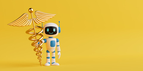 AI In Healthcare Concept. Friendly AI Robot Holding Golden Caduceus Symbol. 3d Rendering