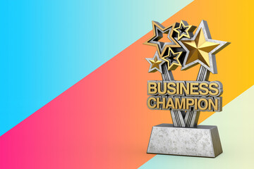Business Success Recognition Concept. Golden Star Award Trophy With Business Champion Title. 3d...