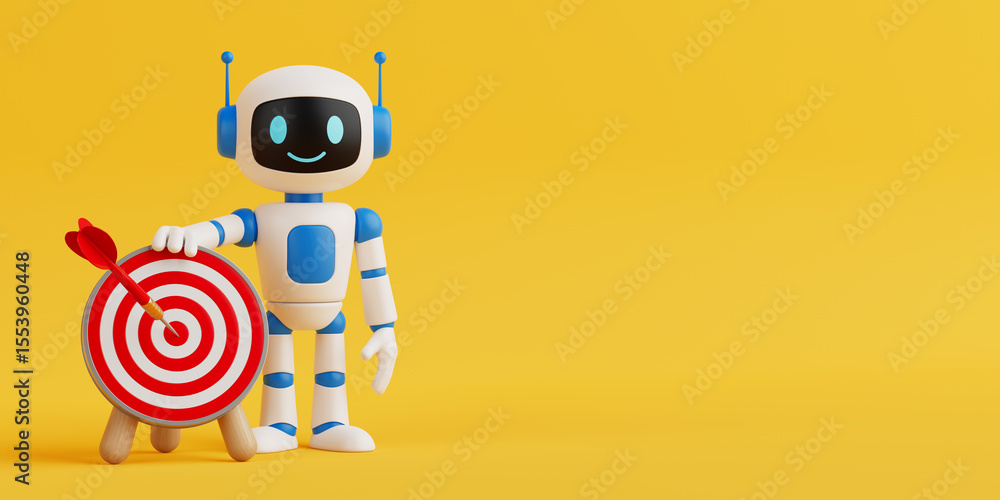 Poster goal achievement concept. cute smiling ai robot with bullseye dartboard and red arrow. 3d rendering