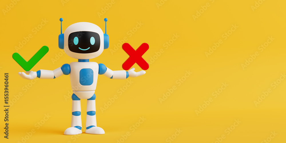Poster Decision Making Concept. Cute Smiling AI Robot Holding Check Mark And Cross. 3d Rendering