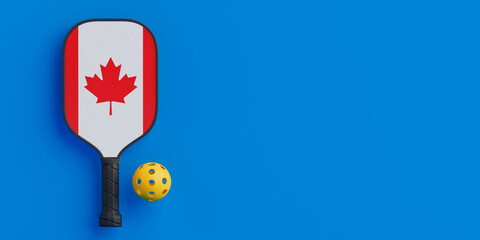 Canadian Sports Spirit Concept. Pickleball Paddle With Canada Flag And Ball. 3d Rendering