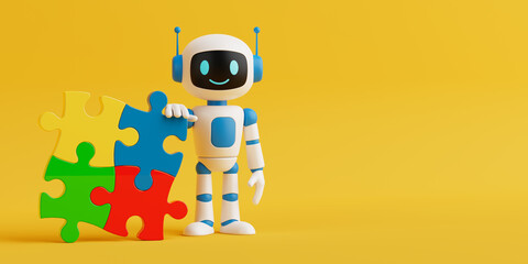 Problem Solving Concept. Cute Smiling AI Robot Standing Next To Colorful Puzzle Pieces. 3d Rendering