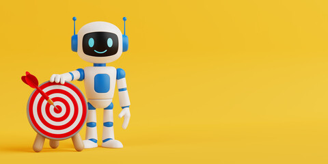 Goal Achievement Concept. Cute Smiling AI Robot With Bullseye Dartboard And Red Arrow. 3d Rendering