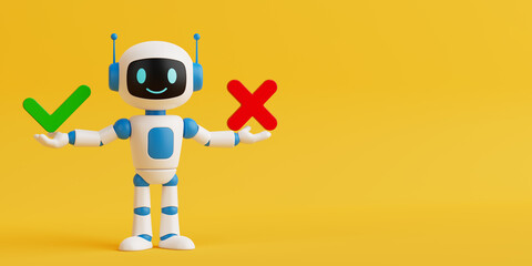 Decision Making Concept. Cute Smiling AI Robot Holding Check Mark And Cross. 3d Rendering