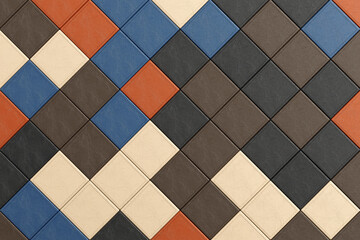 Material Design Concept. Seamless Pattern Of Colored Leather Squares With Embossed Texture On Diagonal Grid. 3d Rendering
