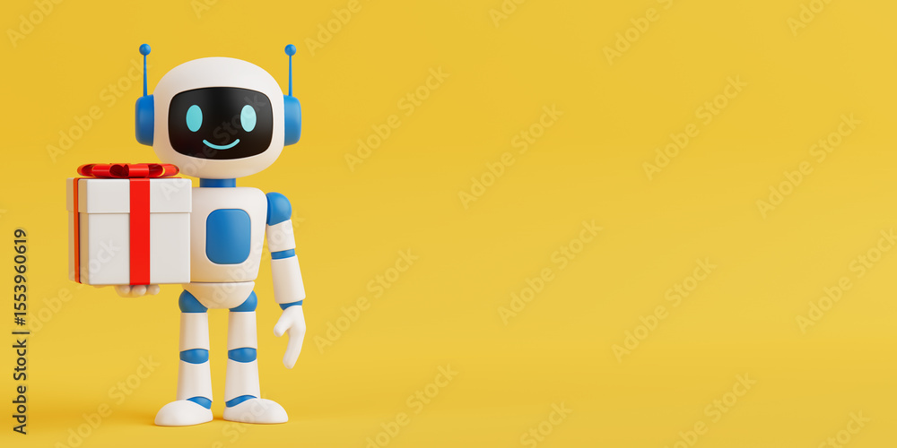 Poster Artificial Intelligence Gift Giving Concept. Smiling AI Robot Holding Gift Box. 3d Rendering