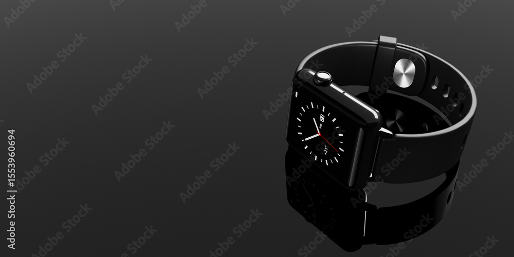 Poster modern lifestyle and technology concept. black smartwatch with digital clock interface. 3d rendering