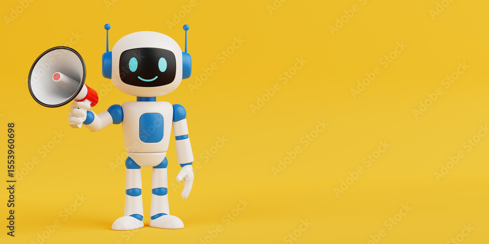 Poster communication and attention concept. cute friendly ai robot mascot holding megaphone. 3d rendering