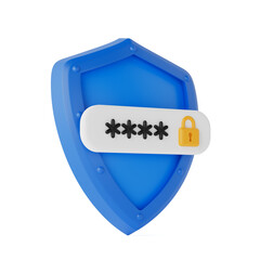 Cybersecurity And Privacy Concept. Blue Shield With Password Field And Lock Icon. 3d Rendering