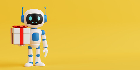 Artificial Intelligence Gift Giving Concept. Smiling AI Robot Holding Gift Box. 3d Rendering