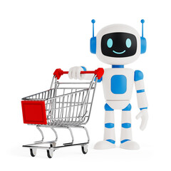 Artificial Intelligence In Retail Shopping. Friendly AI Robot Standing With Empty Shopping Cart. 3d...