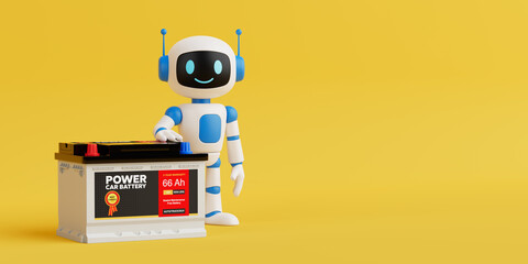 Electric Power Supply Concept. AI Robot Standing Next To Car Battery. 3d Rendering