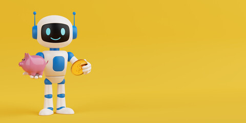 Financial Planning And Saving Concept. Cute Friendly AI Robot Mascot Holding Piggy Bank And Coin....