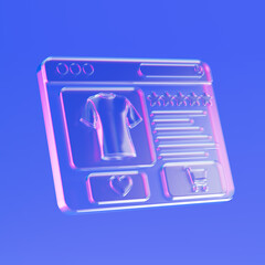 Online Shopping And Ecommerce Concept. Neon Light Transparent Glass Browser Interface With T Shirt...