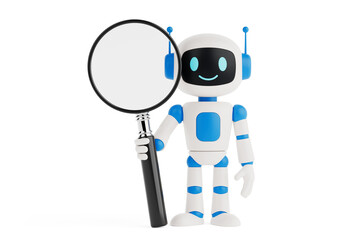 Search And Exploration Concept. Cute Friendly AI Robot Mascot Holding Magnifying Glass. 3d Rendering