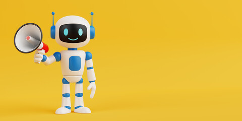 Communication And Attention Concept. Cute Friendly AI Robot Mascot Holding Megaphone. 3d Rendering