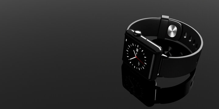 Modern Lifestyle And Technology Concept. Black Smartwatch With Digital Clock Interface. 3d Rendering