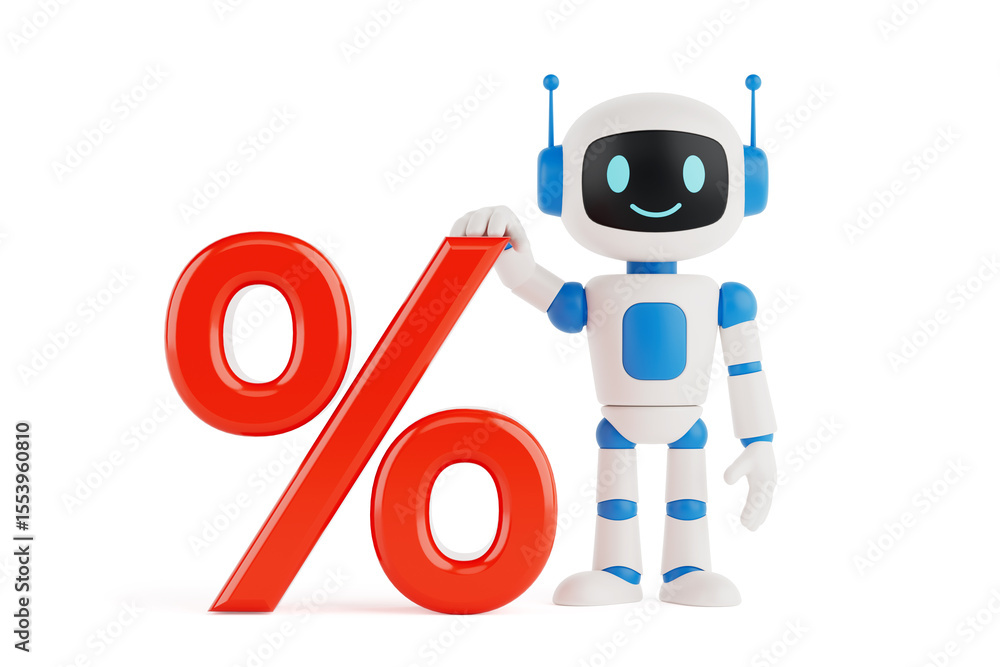 Poster finance and discount concept. cute friendly ai robot mascot standing with red percent symbol. 3d ren