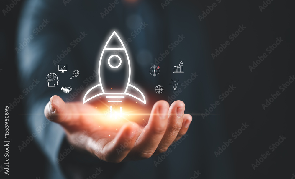 Poster startup launch and business development concept. businessman presenting glowing rocket icon with bus