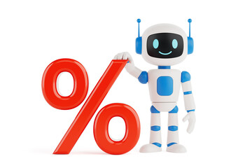 Finance And Discount Concept. Cute Friendly AI Robot Mascot Standing With Red Percent Symbol. 3d...