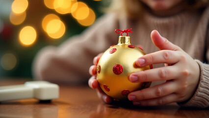 A child's hands carefully crafting a gold paper Christmas ornament ball, using a printable template.  The ornament is displayed against a festive background.  Focus on the details of the craft.