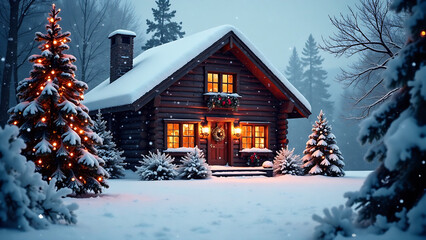 A magical winter wonderland scene, featuring a cozy cabin, snow-covered trees, twinkling lights, and cheerful holiday decorations.  Focus on warm colors and festive ambiance.