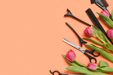 Set of hairdresser's accessories with tulips on orange background