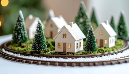 Miniature winter village scene with houses, snowy trees, and a circular train track, set against a blurred Christmas tree backdrop