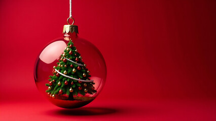 A festive Christmas ornament with a vibrant evergreen tree inside, set against a cheerful red backdrop.  Sale text is visible on the ornament.  High quality, detailed, vibrant colors.