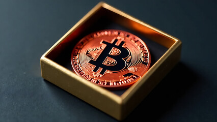 Coin of bitcoin in the box on the snow background..Cryptocurrency concept