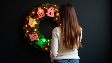 A woman joyfully displays a whimsical wreath made of paper houses, surrounded by twinkling lights and a winter atmosphere.  Focus on vibrant colors and festive details.  Soft, diffused lighting.  High