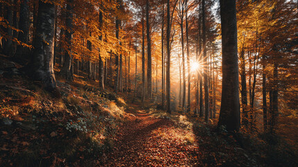 Obraz premium Golden Autumn Forest with Sunlight Filtering Through Leaves - Tranquil Nature Scene for Equinox Concept