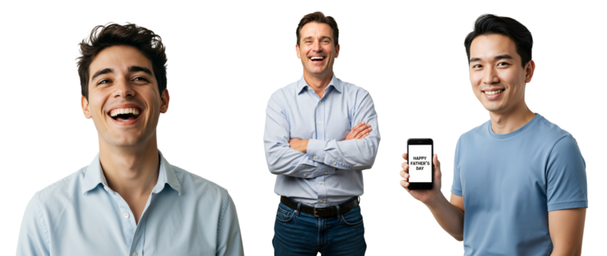 Portraits of Smiling Young Men and Middle-Aged Man with Mobile Phone in Professional Setting