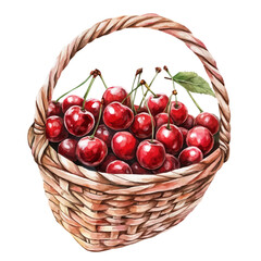 Cherry Fruit Basket, watercolor clipart vector, isolated on a white background.