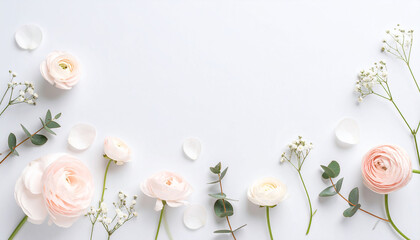 Obraz premium Delicate pastel ranunculus, baby's breath, and eucalyptus sprigs artfully arranged on a light gray background, creating a soft, romantic border with ample central space