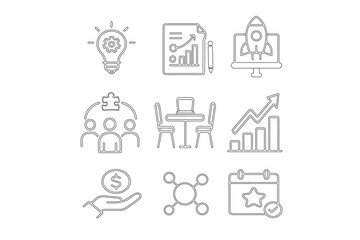 Set of 9 flat minimal business and entrepreneurship icons – startup, teamwork, growth and success.