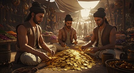 Three Merchants Count Gold in a Bustling Arabian Marketplace