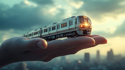 A miniature, illuminated train rests in the palm of a hand, set against a blurred city skyline under a dramatic sky, symbolizing future transportation or urban development.