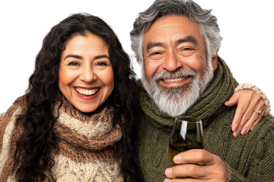 Happy couple celebrating together during winter season, sharing warmth and joy, smiling, cozy clothing with drinks, enjoying life and love